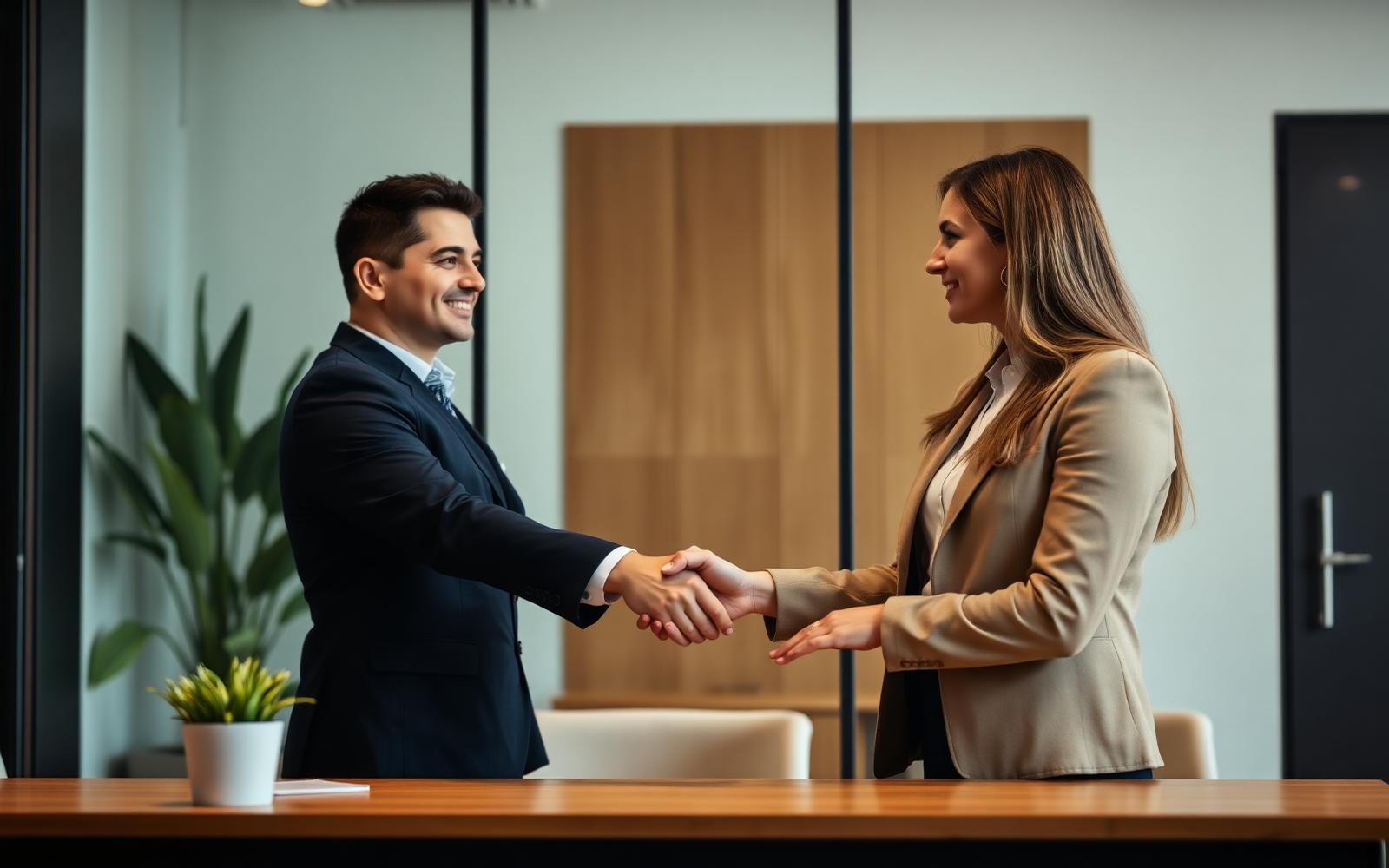 Two advisors shaking hands in a modern office