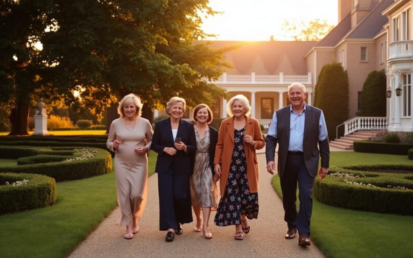 Multigenerational family walking together on a family estate at golden hour